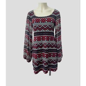 Style & Co Black Red Heart Print Dress Small Sheer Sleeve Stretch